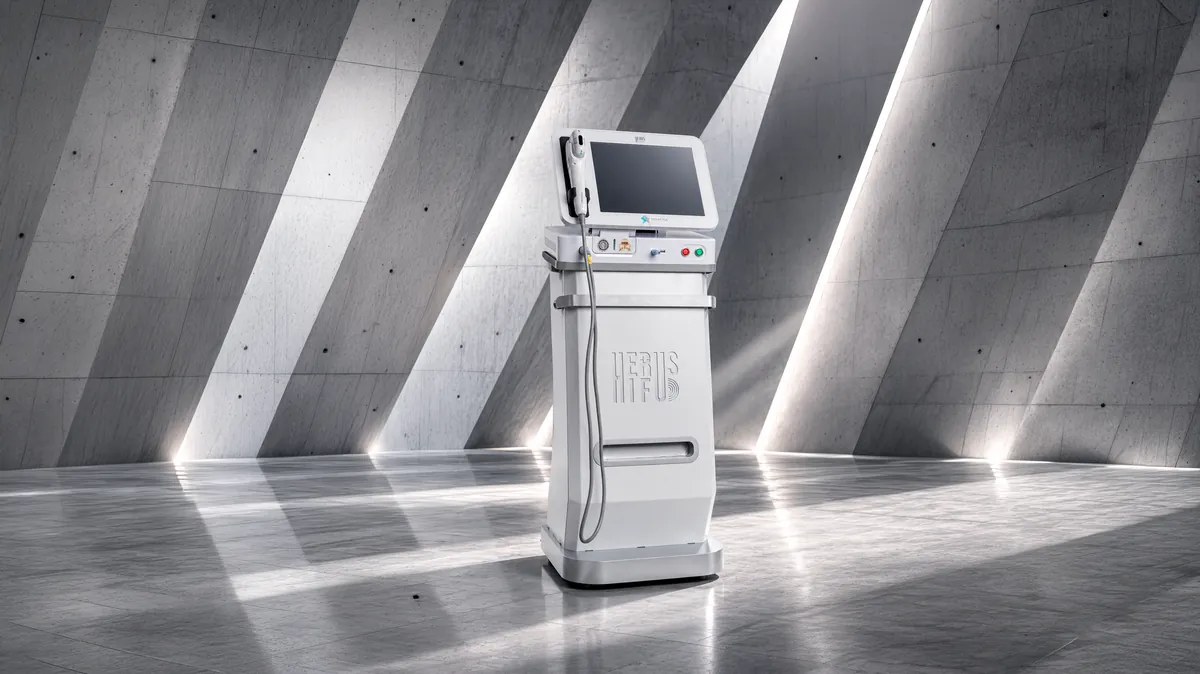 Equipamento Herus HIFU da Fismatek, com tela e ponteira de ultrassom, em ambiente de concreto com iluminação lateral